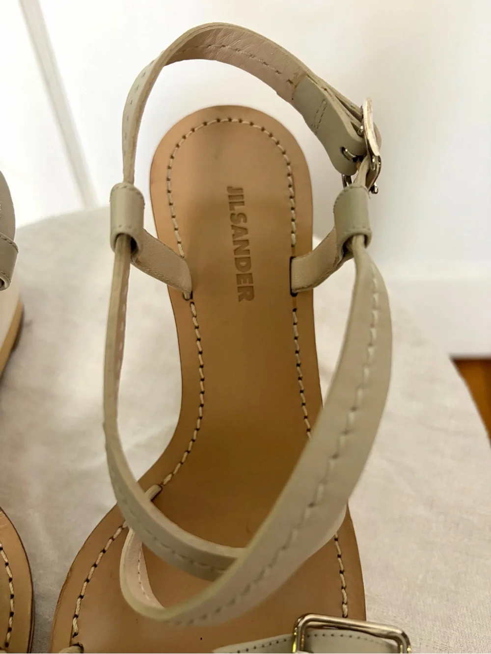 Jil Sander Strappy Leather and Rope Wedge Sandals, beige w/silver, 38, GUC